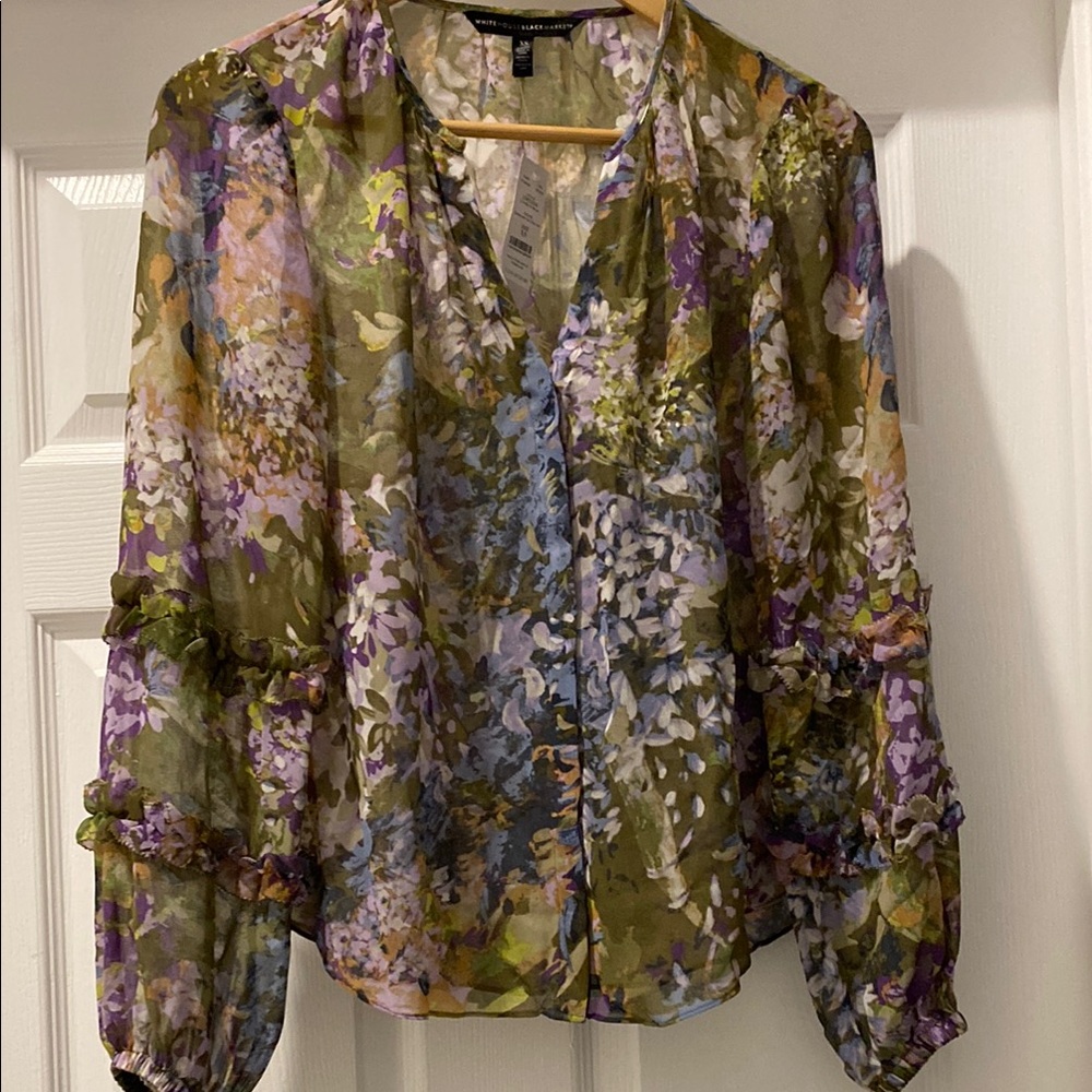 White House Black Market : Sheer Floral Long Sleeve Blouse. New with tags.
